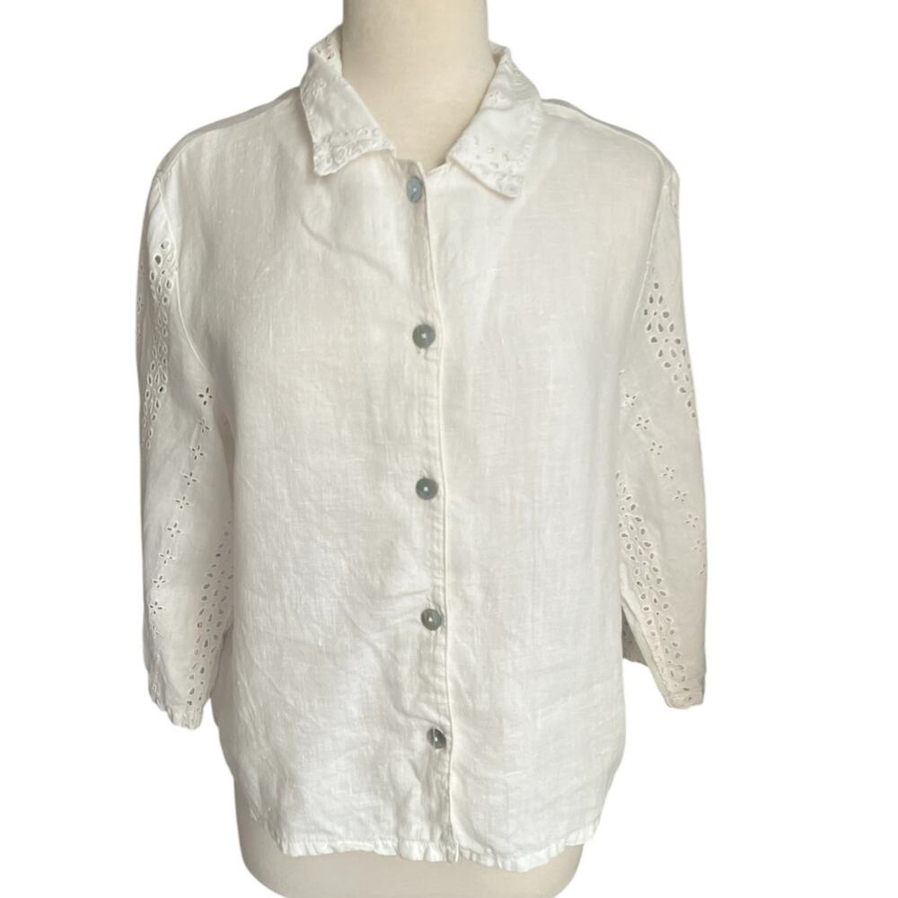 VTG Eyelet Top White Linen Cottagecore Boho Nancy Meyers Coastal Grandmother Lg